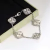 925 Sterling Silver Charm Bracelet for Women 2 Sided Inlaid Onyx Jade Chalcedony Womens Designer Fine 5 Flower Four Leaf Clover Jewelry Daily