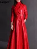 Jackor Lautaro Autumn Long Kirted Red Black Faux Leather Trench Coat för kvinnor Double Breasted Elegant Luxury Fashion 4xl 5xl 6xl 7xl