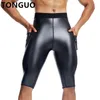 Men Leather Stretchy Casual Biker Club Party Pants Body Shaper Waist Trainer High Waist Leggings Fitness 5pts Pants with Pockets 240220