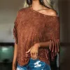 Blusa leopardo impressão gota ombro blusas femininas em torno do pescoço franja borla manga curta t camisas sumemr elegante sexy topos feminino