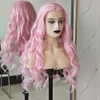 Hair Wigs Light Pink Long Hair Body Wave Synthetic Wig Natural Hairline Glueless Fiber Lace Front Wigs Makeup Cosplay Women Use 240306