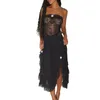 Casual Dresses Women Tube Dress Strapless Backless Flower Sheer Lace Patchwork Oregelbundet Slit Midi Clubwear