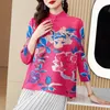 Blouses pour femmes Style chinois amélioré Cheongsam Peony Imprimer Top plissé pour les femmes 2024 Été Rétro Collier Miyake T-shirt