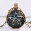 Colliers pendentifs Mode Vintage Mystérieux Pentagramme Cercle Verre Médaillons Pendentif Colliers Pour Femmes Et Hommes Uni Sorcellerie Collier Dhglw