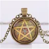 Colliers pendentifs Mode Vintage Mystérieux Pentagramme Cercle Verre Médaillons Pendentif Colliers Pour Femmes Et Hommes Uni Sorcellerie Collier Dhglw