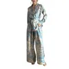 Kvinnors sömnkläder Kvinnor Pyjama Ställer in blommigt tryck långärmad knapp ner skjorta och byxor pjs set mjuk 2 -delad loungewear
