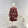 Lässige Kleider 2024 Seide Vintage Herbst Top Qualität Burgund Blumendruck Langarm Gürtel Frau Minikleid