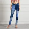 Kvinnors byxor kvinnor arbetskläder jeans färgblock lapptäcke smal passform med hög midja med knappdragare av knappen dragkedja för pendling
