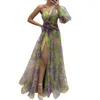 Casual Dresses Sexig A-Line Evening Gown Elegant One Shoulder Tie-Dye Ball med Mesh Bubble Sleeve Split Hem Women's Dress