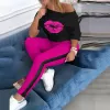 Ternos xuanshow sexy lábio impressão feminina conjunto de treino roupas esportivas soltas t camisa calças superiores define esporte wear casual terno feminino terno esportivo