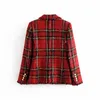 Tweed Women Red Plaid Blazery zimowe mody vintage kurtki żeńskie patchwork płaszcze płaszcze dziewczęta eleganckie ubrania 240226