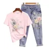 Ensembles Mode d'été femmes t-shirt jean Style européen Denim costume broderie 3D fleur femme pantalon Vintage perles ensembles SXXL