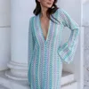 Casual Kleider Bunte Gestreifte Frauen Häkeln Stricken Lange Maxi Party Robe Ausgestellte Ärmel V-ausschnitt Sexy Club Funky Strand