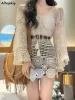 Pullovers Pullovers Women Summer Knitting Hollow Out Vneck Floral Flare Sleeve Chic Aesthetic Graceful Slim Hot Sale Sexy Ladies Fashion