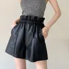 Women's Shorts 2024 Genuine Leather Woman Spring Fashion Elastic Drawstring High Waisted A-line Wide Leg Sheepskin Mini Shor