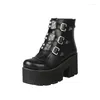 Stövlar Pxelena Biker Combat Women Platforms Chunky Block High Heel Punk Shoes Gothic Rivet Buckle Ankel Militär Stor storlek 34-45