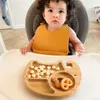 Bol d'alimentation en bois pour bébé, dessin animé éléphant nuages bambou enfants alimentation vaisselle avec ventouse en silicone Anti-vaisselle 240306