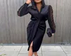 Casual Dresses Black Women Wrap Dress Elegant Lace Long Sleeve V Neck Ruched Slim Party Fashion Split Satin Streetwear Retro6918148