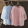 Women's Blouses Cotton Elegant Lace Spliced Shirt Clothing Fashion O-Neck Solid Color Plus Size Boho Hollow Out Blouse 2024