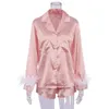 Womens 2 STKS pyjama set effen/patchwork lange mouwen veren manchetten shirt top + shorts losse slapen/thuiskleding 240306