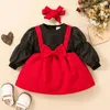 Girl Dresses Toddler Valentines Day Dress Heart Print Long Puff Sleeve Bow Decor Ruffle Baby Suspender Headbands