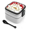 Stoviglie con grazioso motivo a peonia giapponese su bento box rosso a doppio strato per insalata, design Japandi