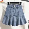 skirt DFRCAEG 2024 Summer Denim Skirt For Women Double Buttons Up Bottom Pleated Mini Jeans Skirt With Lining Casual Ruffles Skirts