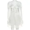 Dress 2020 elegant sweet white loose dress for women sexy club party wear summer vintage low cut puff sleeve mini dresses female