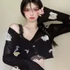 Cardigans Xpqbb Korean Butterfly Cropped Cardigan Women Fashion SingleBreasted Knitted Crop Top Ladies Sexy Thin VNeck Button Up Sweater