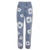 Women's Jeans Flower Print Blue For Women Clothing Autumn Casual High Waist Straight Denim Pants Female Bottoms Streetwear