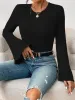 Pullovers Black/Grey/Green Womans Crewneck Long Flare Sleeve Basic Tshirts Spring Autumn Elastic Ribbed Slim Fit Bodycon Pullover Top New New