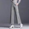 Pantalones de pierna ancha a rayas formales de gran tamaño 4XL Pantalones de trabajo hasta el tobillo de cintura alta Pantalones de mujer de mezcla de lana suelta de otoño 240306