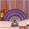 Party Favor Chinese Folding Fan Party Favor Classical Dance Elegant Colorf Embroidered Flower Peacock Pattern Sequins Female Plastic H Dhb9D