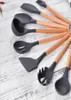 Köksverktyg 9 st svart färg silikon köksredskap set nonstick spatula spade trähandtag matlagningsverktygsset med lagring box31462334988