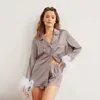 Womens 2 STKS pyjama set effen/patchwork lange mouwen veren manchetten shirt top + shorts losse slapen/thuiskleding 240306