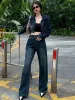 スーツXGOTH秋のヴィンテージデニム2PCSスーツ女性ニッチショートロングリーブジャケット +ハイウエストルーズストレートパンツパンクストリート