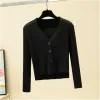 Cardigans Knitted Yellow Button Up Black Cardigan Women Cropped Sweater Knitted Ribbed Brown Top Ropa Mujer Long Sleeve Single Breasted