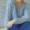 カーディガンズ女性のセーターカワイイカーディガンウィンターボタンクロップブルーニットトップ
