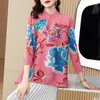Blouses pour femmes Style chinois amélioré Cheongsam Peony Imprimer Top plissé pour les femmes 2024 Été Rétro Collier Miyake T-shirt