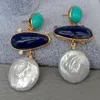 Boucles d'oreilles YYGEM géométrique naturel Sodalite culture pièce blanche perle Turquoise avec bord galvanisé pour les femmes