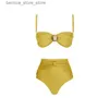 Mulheres Swimwear Sólido Amarelo Cintura Alta Biquíni Set Womens Push Up Swimsuit Três Peça 2023 Praia Q240306