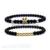 Kralen 6Mm Crown King Charm Strengen Kralen Armband Set Voor Mannen Vrouwen Zwart Natuursteen Elastische Verstelbare Bangle Paar sieraden Gif Dhatz