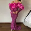 Sparkly Roze Zeemeermin Prom Dress 2024 Voor Vrouwen Strapless Lange Mouwen Lovertjes Formele Avondjurken Celebrity Partij Jassen