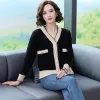 Cardigans Office Lady Patchwork Single Breasted Vneck Cardigan Metal Pearl Buttons Women's Clothing Pockets Decoration Decoration Decoration Sticking Sweaters