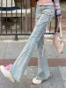 Jeans Vintage Hight Waist Flare Jeans Women Korean Style Pink Laceup Denim Pants Female Streetwear Retro Open Fork Pants Summer 2023