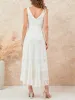 Dress wsevypo Fairycore White Lace Crochet Tank Long Dress Women's Summer Sleeveless Backless V Neck Ruched Flowy ALine Beach Dress