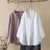 Blusas femininas Mulheres Tops e Camisas de Algodão de Linho Japão Estilo Branco Roxo Sólido Bordado Plus Size Roupas Chubby