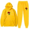 2 peças conjunto hoodies sweatpants terno rosa flor impressão agasalho das mulheres dos homens moletom de lã com capuz calças jogging pulôver 240228