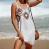 Women Bikini Cover-Ups Sling Mini Beach Dress Summer Boho Vintage Sleeveless V Neck Cutout Patchwork Short Sundress Swimwear