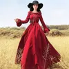 Casual jurken Franse renaissance retrostijl elegante vrouw swingjurk corduroy plooien ruches trompetmouwen middeleeuwse vloerlengte